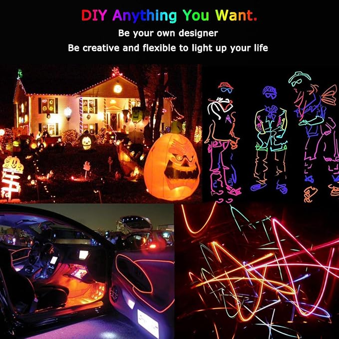 JIGUOOR EL Wire Battery Pack 9.8ft / 3m Bright Neon Light Strip 360° Illumination Neon Tube Rope Lights for DIY, Festival, Party Decoration, Pub, Halloween, Chrismas (9.8ft / 3m, Orange)
