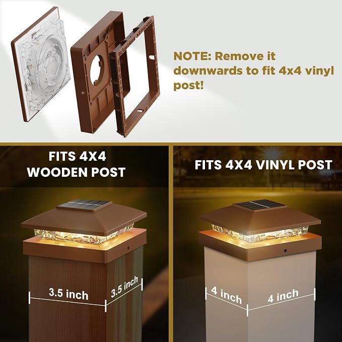 Solar Post Cap Lights Outdoor 20pack, Waterproof Solar Powered Deck Fence Post Lights Fit 4x4 Wood/Vinyl Posts, Bright Warm White Solar Post Lights Decorate Deck, Patio, Porch, Fence(Brown)