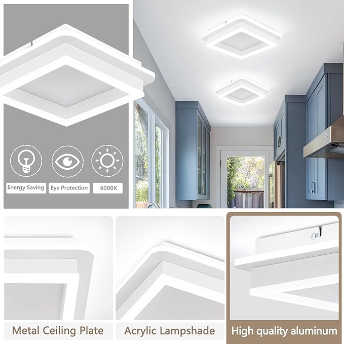 CANEOE 24W Square Hallway Light, Modern Flush Mount Led Ceiling Light,White Acrylic Close to Ceiling Lights for Bedroom Dining Room Kitchen Balcony Bathroom Aisle Ceiling Lamp (Cool White,6000K)