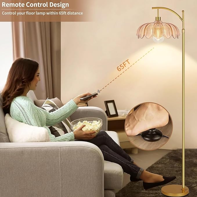ILLMTW Gold Floor Lamp for Living Room,Bedroom,Mid Century Modern Standing Lamp with Remote,Dimmable Brass Tall Lamp Amber Glass Vintage Retro Arc Floor Lamps Flower Floor Light Boho Bohemian