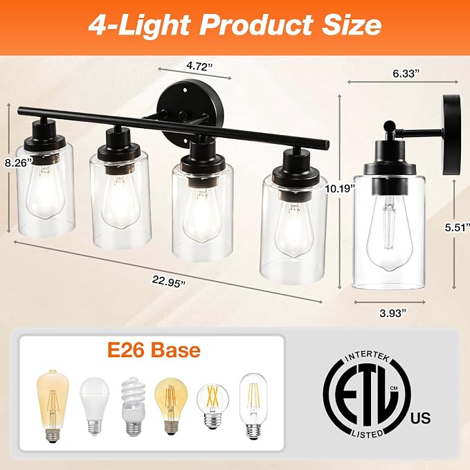 LEDVANCE Sylvania 23" Modern Bathroom Light Fixture with 4 Clear Glass Shades, Iron with Black Finish, E26 Medium Base, Vanity Lights for Bathrooms, Foyers, Entryways - 1 Pack (67905)