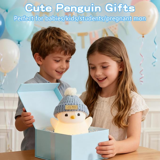 FAMIDUO Pink Penguin Night Light,Cute Penguin Lamp with Hat for Kids/Mom | Squishy Silicone Nursery Nightlight, Rechargeable/Dimmable/Timer,LED Novelty Animal Bedside Light,Funny Gifts for Baby/Boys