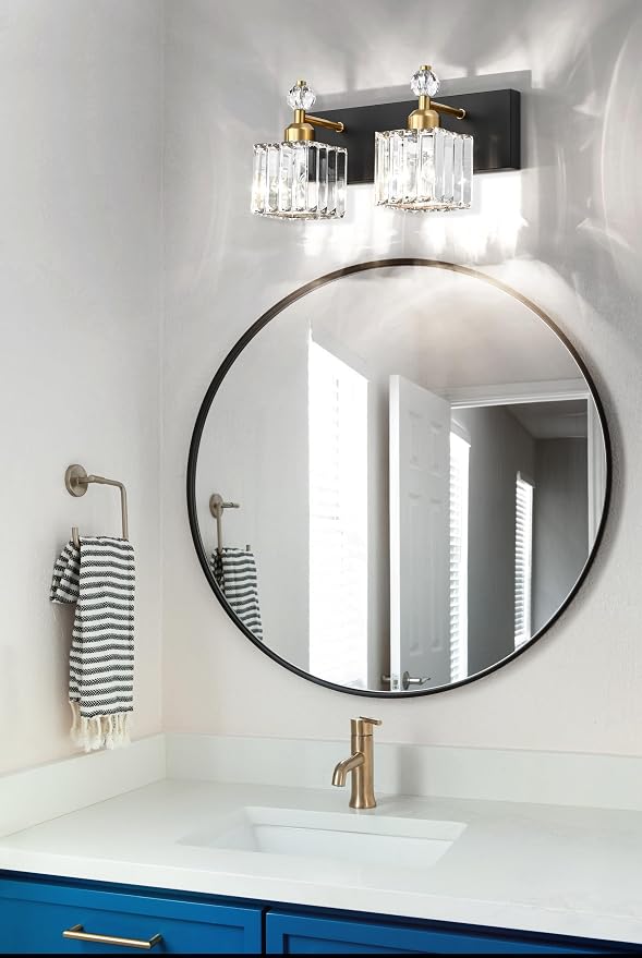PRESDE Crystal 2 Light Bathroom Vanity Lights Black and Gold Bathroom Lights Fixtures Over Mirror Modern Bedroom Hallway