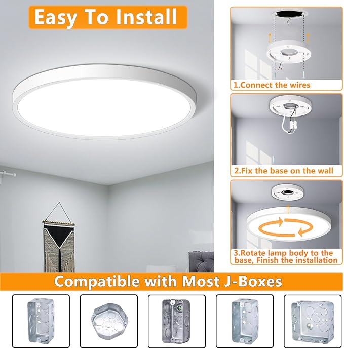 LED Flush Mount Ceiling Light Fixture 12Inch, 24W Flat Light,5000K Ultra Thin Surface Panel Low Profile for Bedroom Kitchen Bathroom Garage Living Room, White (DC-CJ-0030-24W-50K)