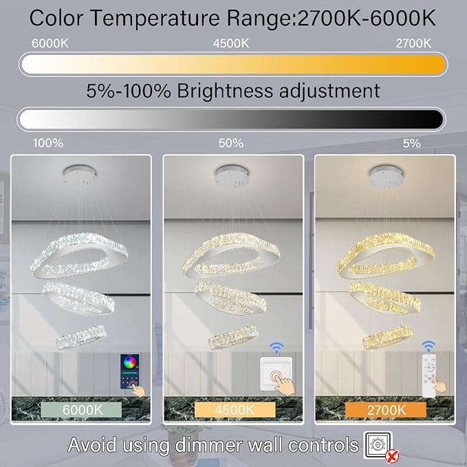 Modern Led Chandelier Adjustable 3 Rings Crystal Chandelier for Living Room Foyer Stairwell Lighting High Ceiling Light Dimmable 2700K-6000K