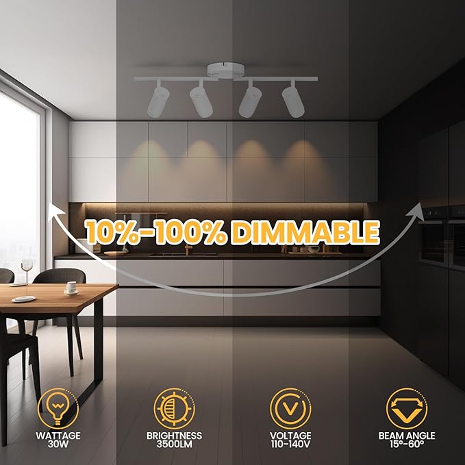 5-Color Zoomable 4 Light Track Lighting Fixtures Ceiling for Kitchen, Dimmable LED Track Lighting Kit, Ceiling Spotlight Flush Mount Adjustable Directional Spot Lights Indoor, CRI90 30W, White
