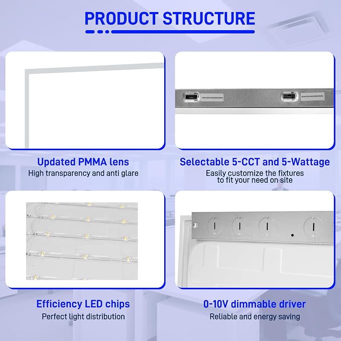 hykolity 2x4 LED Flat Panel Troffer Light 5CCT Dimmable,Drop Ceiling,4Pack | 20W-60W Selectable 3000K-6500K 0-10V Dimmable Up to 7800LM Recessed Mount Lights for Office Classroom Hospital Garage Retail