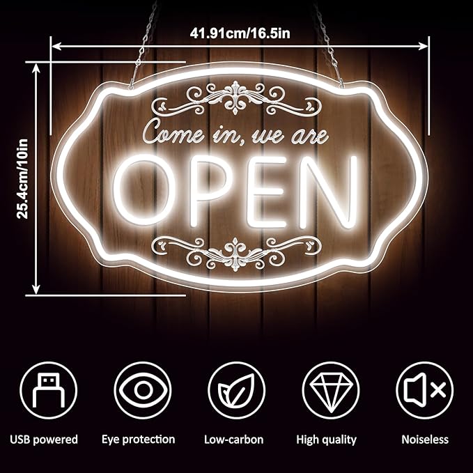 LED Neon Open Sign for Business, 16.5x10'' Come in We’re Open Sign, Daylight White Adjustable Brightness Neon Lights for Party, Bar, Salon, Stores, Hotel, Wall Decor, Clubs, Hotels
