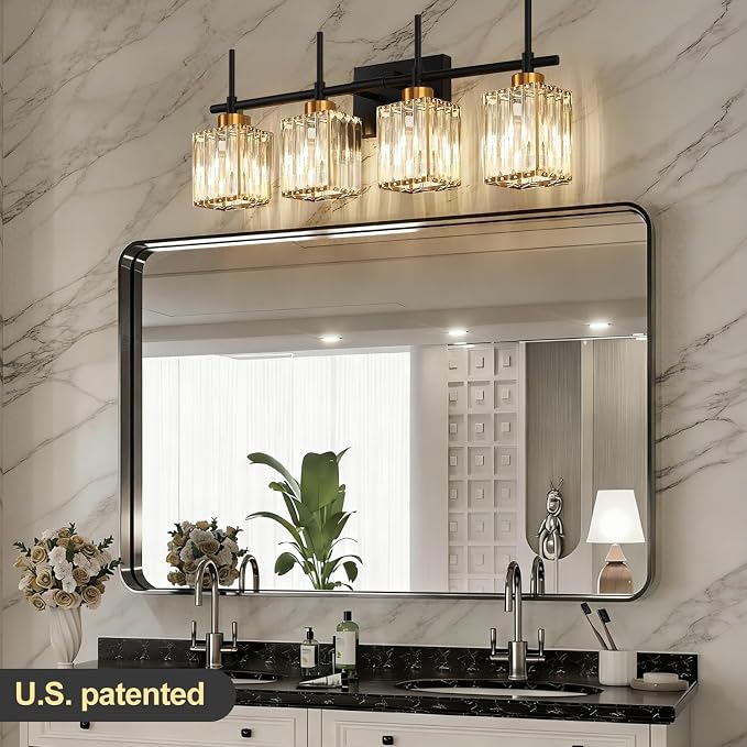 Torondo Modern Crystal Bathroom Vanity Light 4-Lights Gold Bathroom Light Fixtures Over Mirror Black and Gold Vanity Lighting Fixtures Gold Square Shade Brass Wall Sconce (Bulbs Not Include)