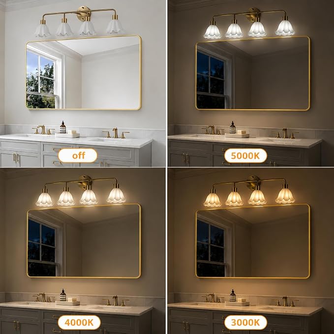 4 Light Gold Brass Bathroom Light Fixture,Brush Gold Vanity Lighting Over Mirror,Cute White Glass Flower Lampshade,Wall Sconces,E26 Socket(Bulbs Not Included)