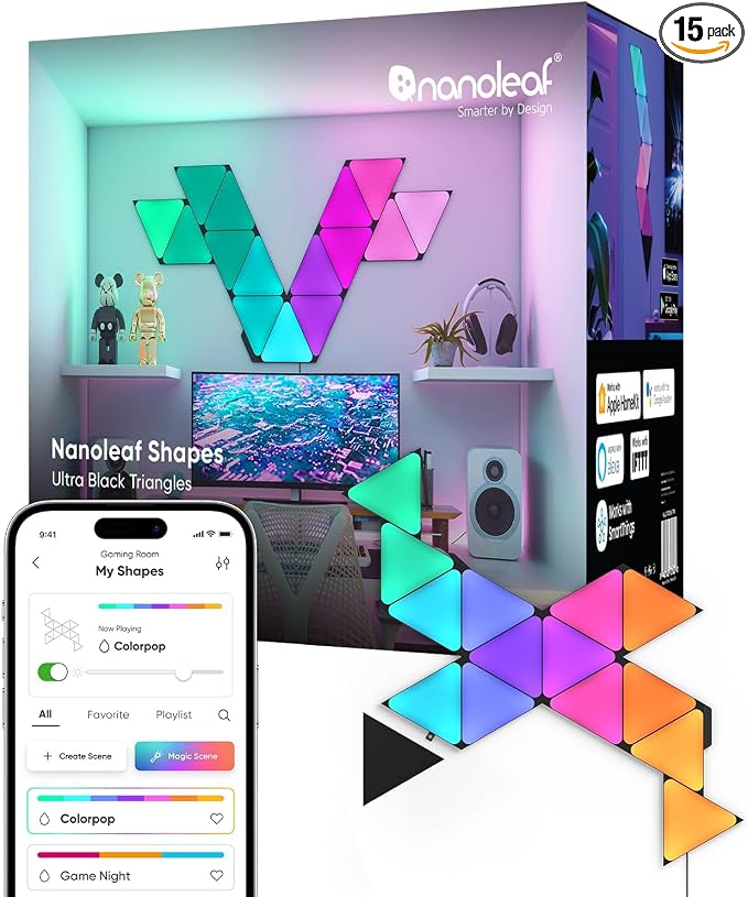 Nanoleaf Shapes Triangle Lights, Smart RGBW LED Wall Light Panels, 15PK | Compatible with Alexa Google Assistant, Home Wall Decor for Living Room with Music Sync, Smarter Kit