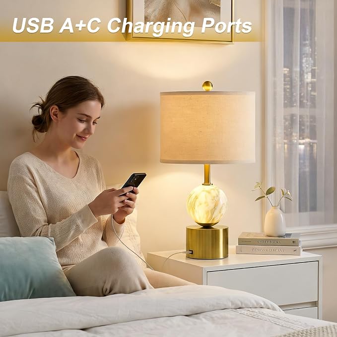 20.5" Small Bedside Table Lamps for Bedroom Nightstands, Gold Glass Modern Table Lamps Set of 2 with USB A+C Charging Port, Night Light, Luxury Lamps for Living Room End Table(Bulbs Included)