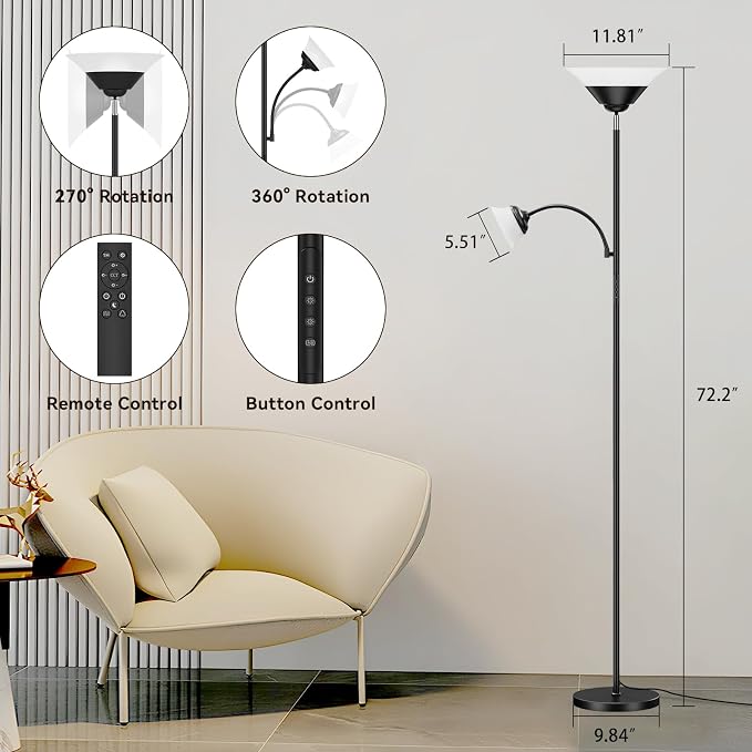 RGB Torchiere Floor Lamp, 2-in-1 Dimmable Standing Lamp with Remote & Button Control, 34W 360° Rotatable LED Reading Lamp, 72" Modern Tall Corner Lamp for Bedroom, Living Room, Office, Black