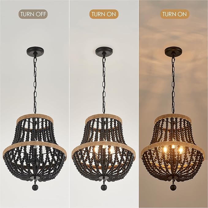 3-Light Boho Chandelier Farmhouse, Wood Bead Pendant Light, Black Rustic Hanging Light Fixture for Kitchen Entryway Bedroom Nursery Dining Room Foyer