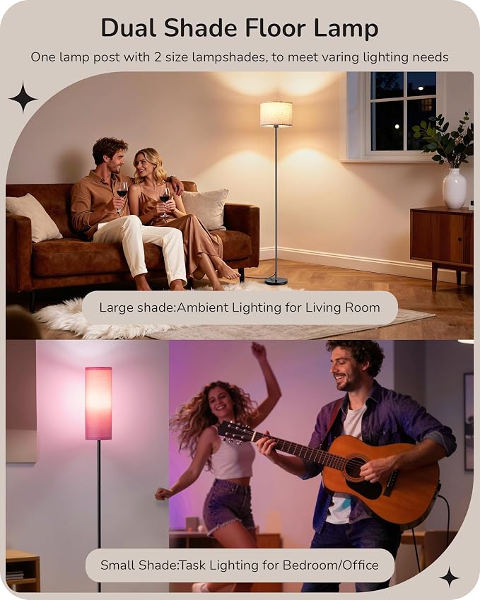 EDISHINE 2 Lampshades Modern Floor Lamps for Living Room Pink | 63.7", Remote Control, Foot Switch, 2700-6000K Dimmable, 9W Bulb Included, Minimalist Standing Lamp for Bedroom, Office