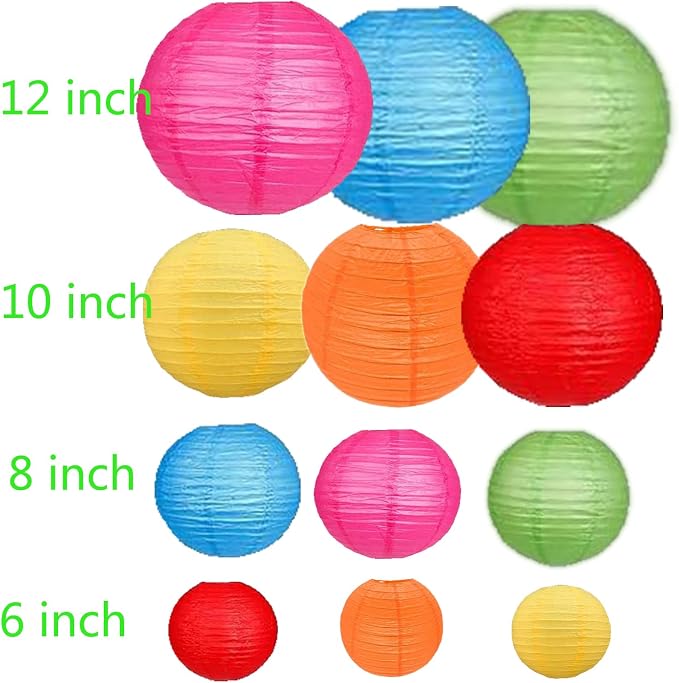 12Pcs Paper Lanterns 6”, 8”, 10”, 12”,Paperlanterns Party Decoration, Colorful Paper Lanterns for Wedding, Bridal, Birthday, Outdoor, Home, Garden, Holiday and Party.