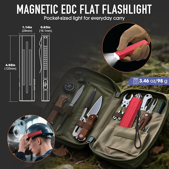 2pack Rechargeable EDC Flashlight - Emergency One Click Strobe Mode, 1600 High Lumens Portable Pocket light Mini Flashlight , Magnetic Small EDC Slim Flat Flashlight for Working Camping Repairing Red
