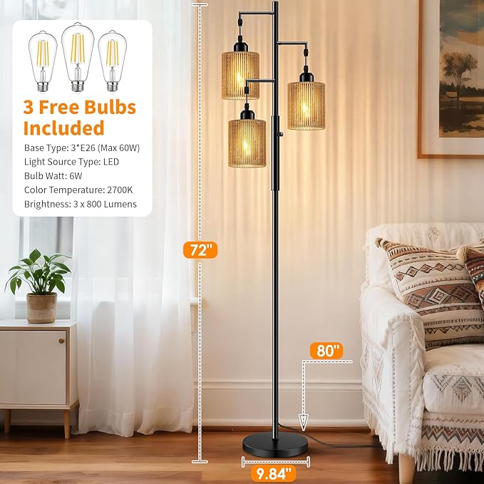 Hotsonic 72" Rattan Boho Floor Lamp, Tall Dimmable Standing Lamp with Handcrafted Brown Shade, Industrial Tree Floor Lamps for Living Room, Bedroom, Study Room, Office (3 x 800LM Bulbs Included)-Black
