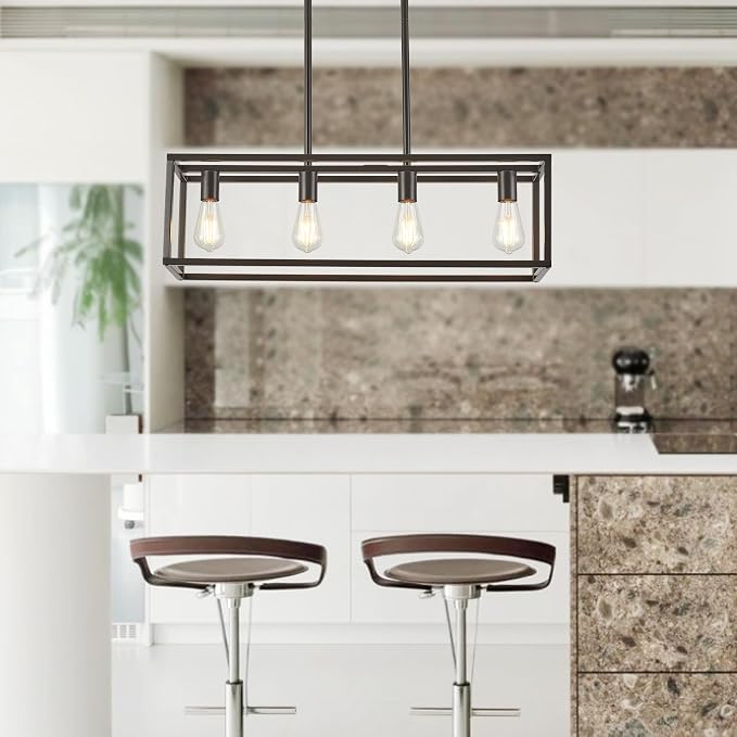 Farmhouse Rectangle Chandeliers for Dining Rooms, Modern Linear Hanging Light Fixture Matte Oil-Rubbed Bronze 4-Light Industrial Pendant Lighting for Kitchen Island