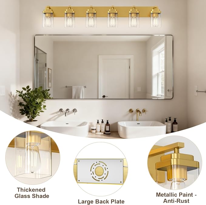 Brushed Gold Bathroom Light Fixtures, 6 Lights Bathroom Lighting Fixtures Over Mirror, Square Design & Rectangle Large Backplate, Modern Vanity Lighting Fixtures, for Living Room/Bedroom