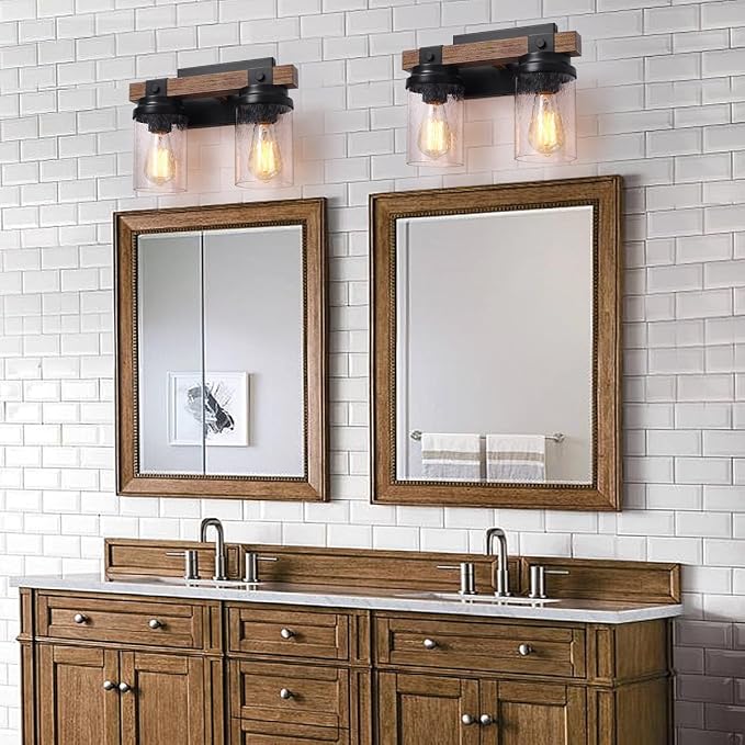2 Light Farmhouse Vanity Lights Rustic Bathroom Light Fixtures Over Mirror | Faux Wood Wall Mount Light with Clear Seeded Glass Shade, Industrial Black Metal Wall Sconces for Bathroom Living Room