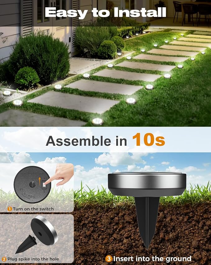 btfarm 30 Pack Solar Lights Outdoor Waterproof, 8 LED Solar Ground Lights | Stainless Steel, Easy-to-Install Flat Solar Disc Lights, Pathway Lights for Garden Lawn Patio Yard Path Landscape, Cool White