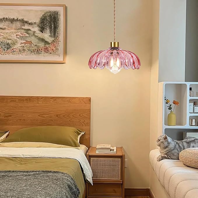 Pink Plug in Pendant Light Glass Hanging Lights with Plug in Cord Boho Hanging Lamp Gold Mid Century Modern Vintage Dimmable Flower Plug in Chandelier Ceiling Fixture for Living Room,Bedroom
