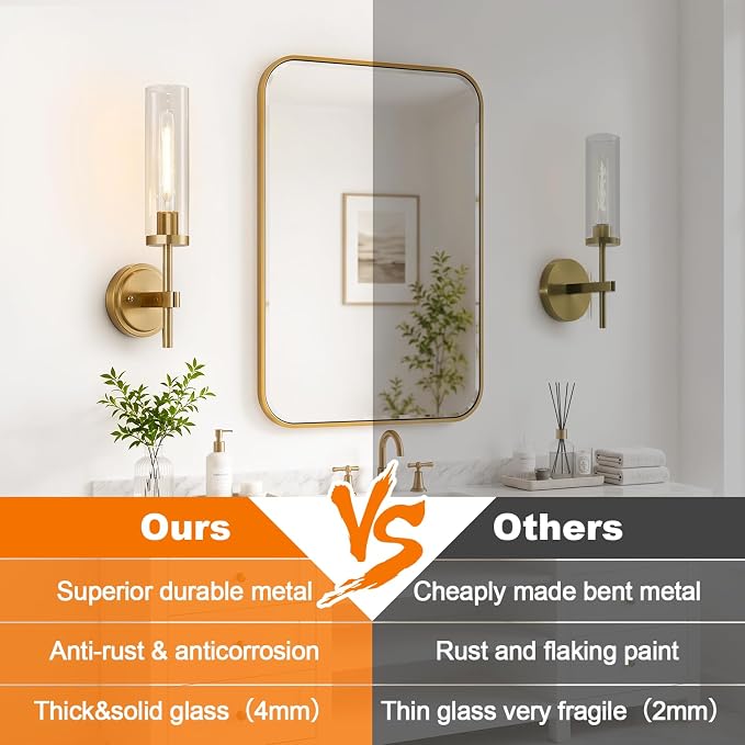 MOKATNG Hardwired Wall Sconces, Brushed Gold Bathroom Sconces with Clear Glass, Modern Wall Light Fixtures for Bathroom Mirror Vanity, Living Room, Bedroom, Hallway, Stairway, Cabinet, Foyer