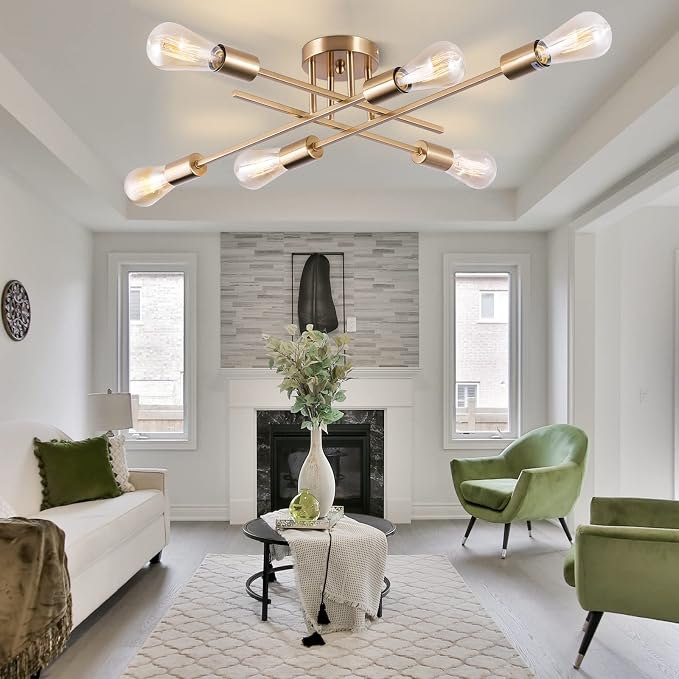 Sputnik Chandeliers, Modern Semi Flush Mount Ceiling Light with E26 Base, Mid Century Industrial Kitchen Farmhouse Light Fixtures for Bedroom Living Room (Brass, Ceiling 6 Lights (Lengthen))