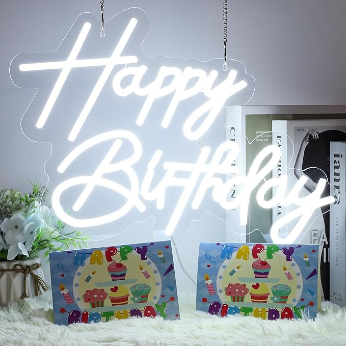 Happy Birthday Neon Sign for Wall Decor, USB Powered LED Neon Sign with Dimmable Brightness, Ideal for All Ages Birthday Parties and Celebrations, With 2 Pcs Birthday Cards (17×12 Inch)