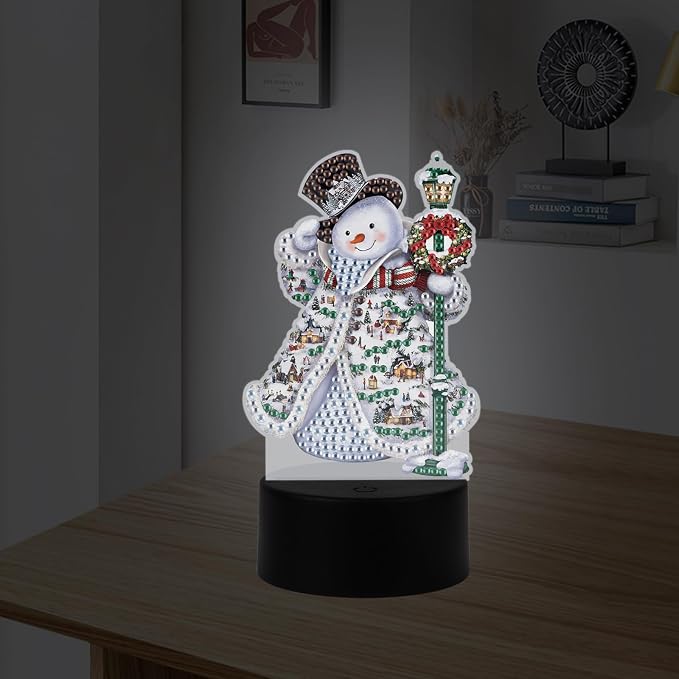 JISHSHAY Christmas Diamond Painting Night Light Diamond Art Table Lamps Gem Art LED Lights Gem Painting Desk Lamp Mosaic Kits for Adults DIY Kits for Adults Paint by Numbers Special Shaped Snowman