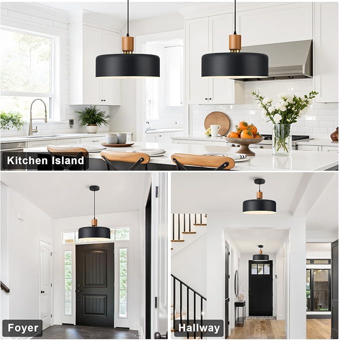 13.8" Black Pendant Light, Walnut Oak Wood & Brass Metal Drum Shade | Walnut Oak Wood & Brass Metal Drum Shade Pendant Light