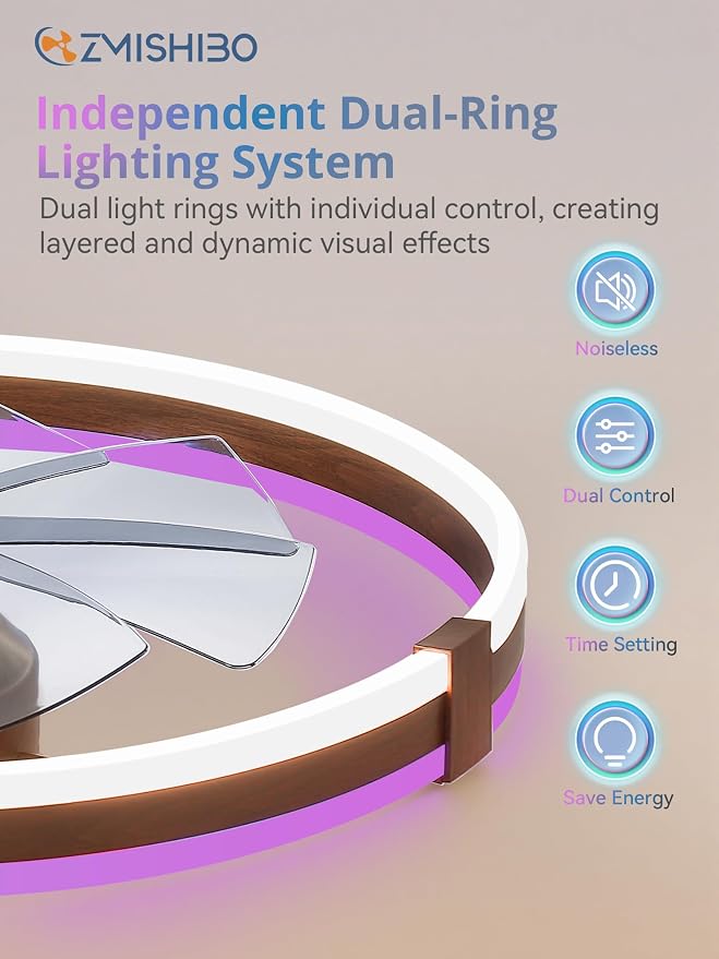 ZMISHIBO 23" RGB Low Profile Ceiling Fans with Lights and Remote, Walnut | Custom RGB+3CCT Dimmable, 6 Speeds, Remote/App Control, Reversible DC Motor, Memory, Timer, Modern Fandelier for Kids/Bedroom