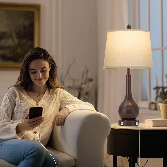 26" Brown Table Lamp Single, Touch Control Bedside Lamp for Bedroom Nightstand, 3-Way Dimmable Farmhouse Lamp for Living Room with Charging Port (1 Pack)