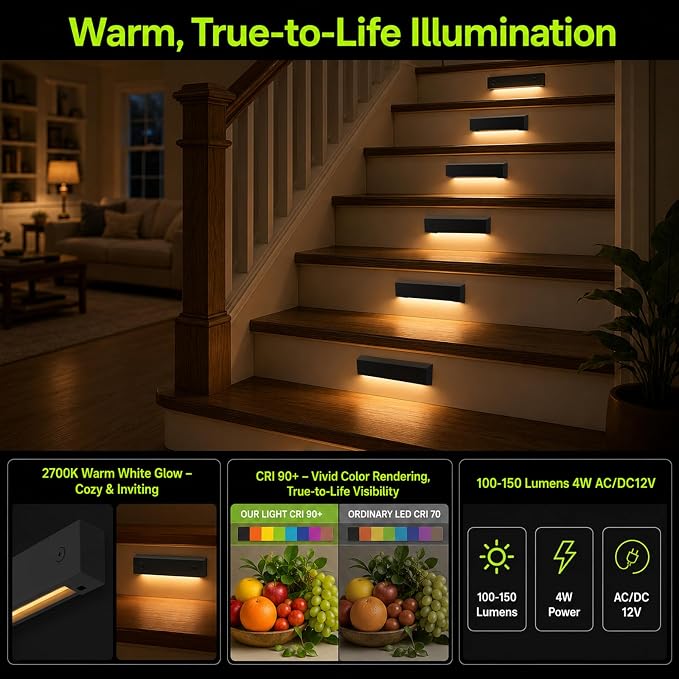 6-Pack Low Voltage 12V AC/DC LED Step Lights, 4W 2700K Warm White, 6-Inch IP65 Waterproof Outdoor Stair Lights, Die-Cast Aluminum Landscape Deck Lighting for Steps, Patio, Pathway, Retaining Wall