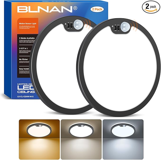 2Pack Motion Sensor Ceiling Light Wired, 12 Inch 3000K 4000K 5000K Selectable LED Flush Mount Light Fixture, Motion Activated Light with Timer for Hallway Stair Walk-in Closet, Black Frame