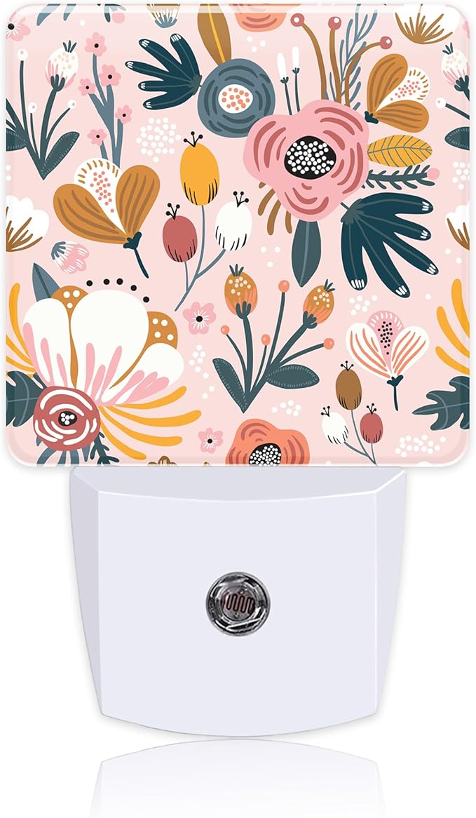 Pink Flowers Berries Leaves Plug in Night Lights with Dusk to Dawn Sensor LED Night Light Plug into Wall for Kid Girls Boys Women Men Room,Hallway,Stairs,Kitchen,Nursery Decor