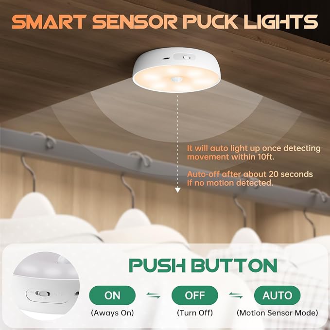 Motion Sensor Closet Lights, USB-C Rechargeable Under Cabinet Puck Lighting with RGB & 3 Color Temperatures, Dimmable Battery Powered Step Lights for Kitchen, Stairs, Wardrobe
