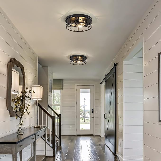 Farmhouse Light Fixtures, Black Round Metal Flush Mount Ceiling Light, 3-Light Cage Ceiling Lamp for Kitchen, Foyer, Bedroom, Hallway（Bulbs Not Included）