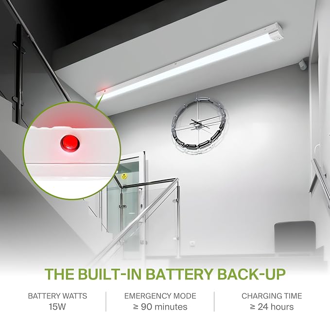 ASD 8ft LED Linear Strip Light Fixture with Emergency Battery Backup & Q-Base | UL DLC 55W-80W 120-277V Linkable LED Shop Light | 3500K-5000K Adjustable Commercial Ceiling Lighting
