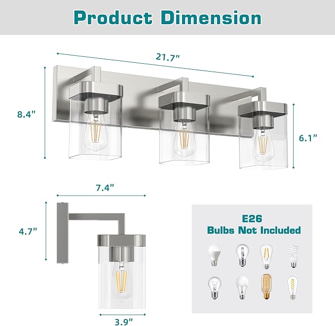 3-Light Bathroom Light Fixtures, Brushed Nickel Vanity Lights for Bathroom, Kitchen, Living Room, Modern Bathroom Vanity Lights with Clear Glass Shades