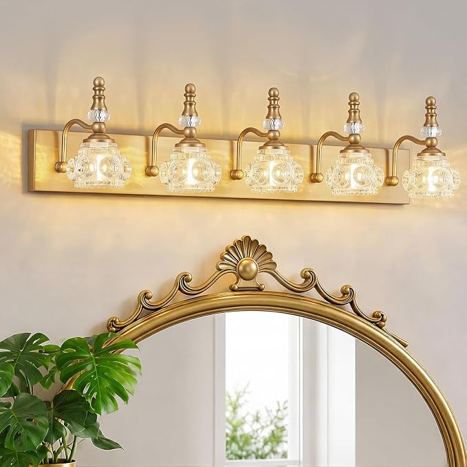 Modern Glass Crystal Vanity Light - Vintage Bathroom Lighting Fixtures Over Mirror, 5 Light Vanity Lights G9 Bulb (35.43 Inch,Brass)