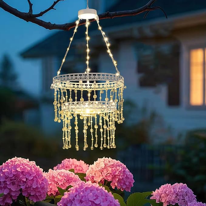 Solar Hanging Crystal Chandelier Outdoor Garden Decorative Lights Powerful Lithium Battery 54 Warm White LEDs Waterproof Hanging Lantern for Garden, Yard, Patio, Gazebo, Party, Wedding 2 Tier