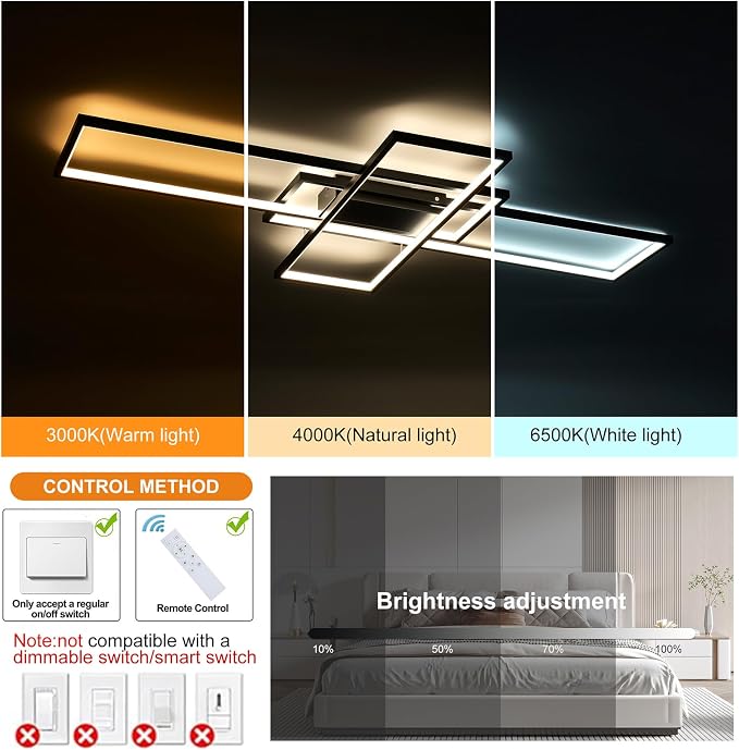 GEADI 60.2" Extra Large Modern LED Ceiling Light, Dimmable Chandelier | 112W Black Geometric Flush Mount Ceiling Lamp with Remote, 3000K-6500K Dimming, Memory, Chandelier for Living Room