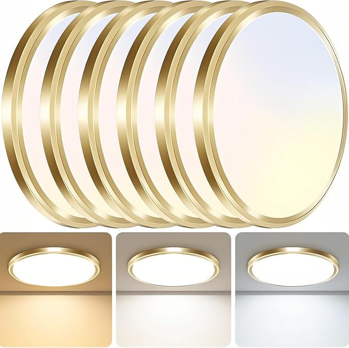 zemty 6Pack 6.5Inch LED Ceiling Lights Gold, 12W 1200lm Small Flush Mount Light Fixture, 3000K/ 4000K/ 6500K Round Flat Recessed Ceiling Lights for Kitchen, Closet, Hallway,Pantry
