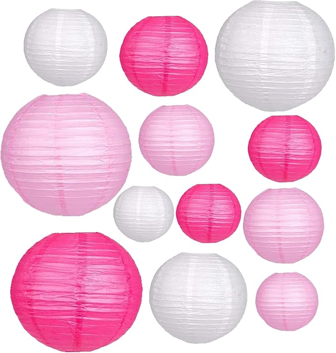 12Pcs Paper Lanterns 6”, 8”, 10”, 12”,Paperlanterns Party Decoration, Pink Paper Lanterns for Wedding, Bridal, Birthday, Outdoor, Home, Garden, Holiday and Party.