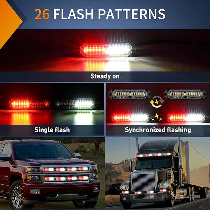 Nilight 8PCS Led Strobe Lights 12LED Red White Emergency Light 12V 24V Surface Mount Flashing Warning Hazard Beacon Lights Ultra Slim Sync Feature Mini Grille for Cars Trucks Off Road Vehicles SUV