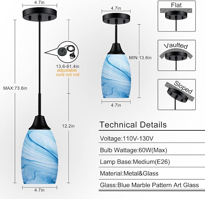 Viinew Mini Glass Pendant Light,4.72" Blue Marble Glass Pendant Lights | Handblown Blue Marble Oval Art Glass Lamp Ceiling Hanging Light 1-Pack Small Chandelier for Dining Room Kitchen