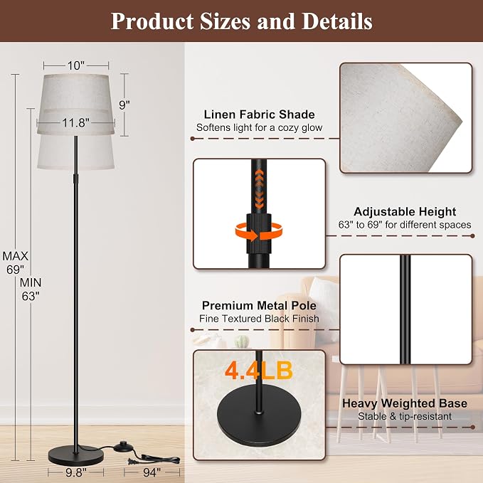 Ascher 2000LM Super Bright Floor Lamp, 18W LED Standing Lamp with 3000K-6000K & 7 RGB Colors, Remote & Foot Control, Dimmable Tall Lamp for Living Room Bedroom Office (Beige Flaxen Shade)