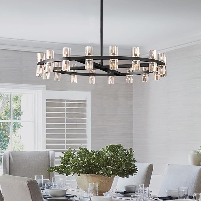 D32 Black Wagon Wheel Chandeliers Modern 32-Lights Black Round Chandelier Glass Chandeliers for Dining Room,Living Room Vintage Chandelier for Foyer Hallway